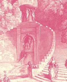 an old drawing of people walking up stairs to a statue in the middle of a park