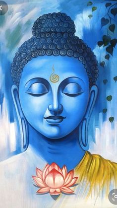 a painting of a buddha statue with a lotus flower in front of it