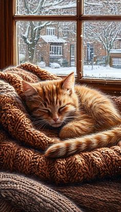 a cat sleeping on top of a blanket in front of a window covered in snow