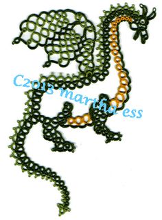 a green and orange beaded dragon on a white background, with the word's name