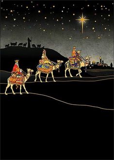 the three wise men are riding their camels through the desert at night with stars in the sky