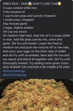 the recipe for fried rice in a skillet with instructions on how to cook it