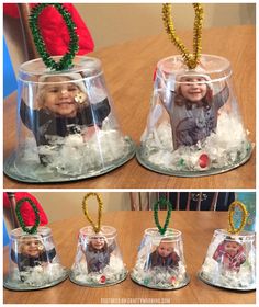 four different pictures of christmas decorations in small glass containers with snow and stars on them