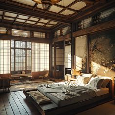 Luxurious modern Japanese bedroom with a low wooden bed frame and soft lighting. Japanese Bedroom Design, Japanese Style Bedroom, Luxury Bedrooms, Japanese Bedroom, Zen Interiors, Japanese Home Design, Japanese Style House, Traditional Japanese House, Earthy Bedroom