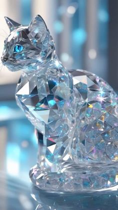 a crystal cat figurine sitting on top of a table