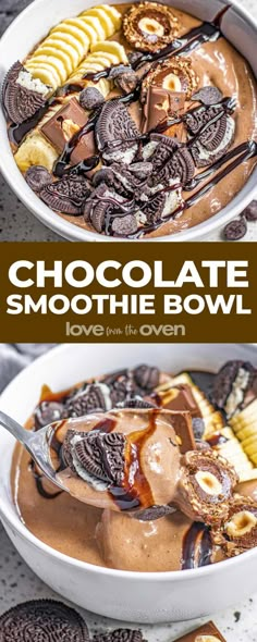 two bowls filled with chocolate smoothie bowl