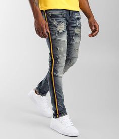 PREME Iguazu Skinny Stretch Jean - Blue 30/34, Men's Iguazuindigo Slim fit jean Comfort stretch fabric Low rise 12 1/2 bottom opening Pieced back pockets Hand sanding whiskering grinding dremmeling destruction with fill yarn moto and striped side seam taping details Zip fly Shoe sku 958723 Model Info: Height: 6'1 | Chest: 40 | Waist: 31 | Hip: 38 1/2 | Wearing Size: 32x32. This quality denim is hand-finished for a unique look. It will wear like your favorite jeans, with each hole and tear contin Mens Jeans Fit, Fly Shoes, Boys Jeans, Best Jeans, Clothing Styles, Mens Clothing, Slim Fit Jeans, Favorite Jeans, Stretch Jeans