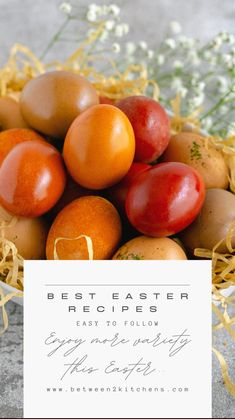 a bowl filled with lots of different types of eggs and tomatoes next to a card that says best easter recipes