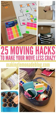 several pictures with the words 25 moving hacks to make your move less crazy