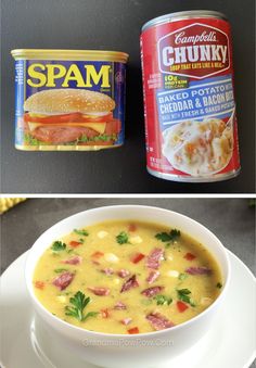 two pictures one with soup, the other with ham and cheese