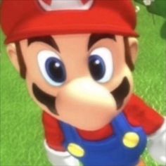 an image of mario on the grass with blue eyes and a red cap, wearing overalls