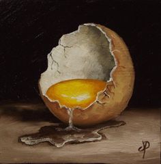 a painting of an egg shell with a yellow piece of fruit in the center, on a black background