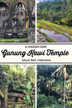 the gardens and temples in ubud bali, indonesia with text overlaying it