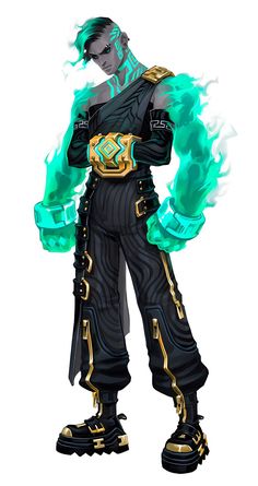 the character is dressed in black and gold, with green flames on his arms as he stands