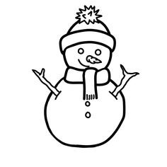 a black and white drawing of a snowman wearing a hat, scarf and mittens