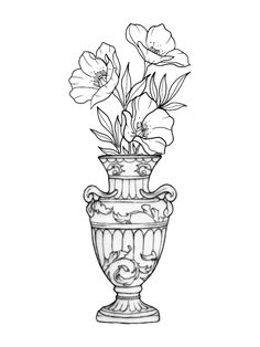 Tattoo Design Drawings Leg, Flower Design Tattoos For Women, Vase Tattoo Ideas, Greek Vase Tattoo Simple, Fineline Vase Tattoo, Ancient Vase Tattoo, Vase Leg Tattoo, Ancient Greek Vase Tattoo, Vase And Flowers Tattoo