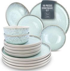 the dinnerware set is light blue with speckles