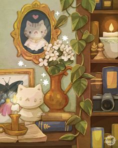 a painting of a cat sitting on a table next to a vase with flowers in it