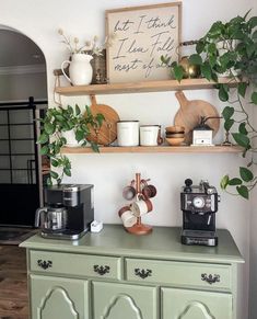 a green dresser with some plants on it