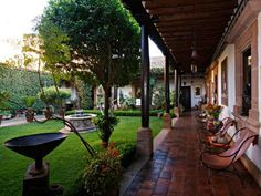 an outdoor patio with chairs and plants on the lawn