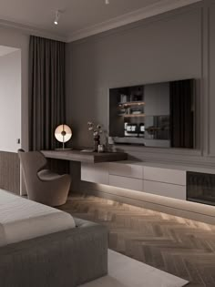 a bedroom with a large bed and a flat screen tv mounted on the wall