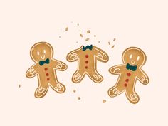 three gingerbread men with bow ties on