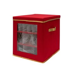 a red storage box with glass doors and gold trim