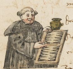 an old drawing of a man holding a check register with a pot on the table in front of him