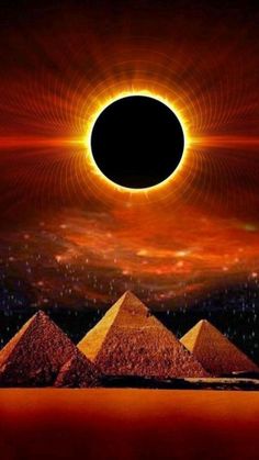 the solar eclipse is seen over pyramids in front of an orange and black sky