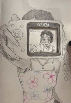 a drawing of a woman holding a camera