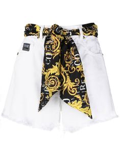 white scarf detailing frayed edge high waist front button and zip fastening classic five pockets thigh-length Jeans Png, Versace Tie, Dress Reference, Kpop Shorts, Versace Shorts, Jean Short Outfits, Versace Style, Fashion Kpop, Tie Waist Shorts