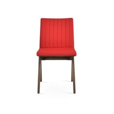 a red chair with wooden legs on a white background and the seat is upholstered