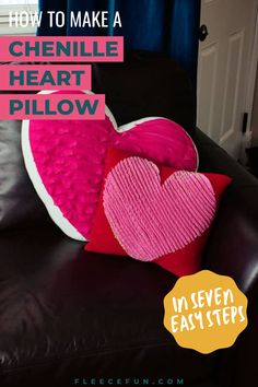 a chenille heart pillow, perfect for valentine's day decorations, and handmade gifts, made with free sewing pattern and step by step tutorial from fleece fun