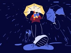 two people standing under an umbrella in the rain at night, one person holding an umbrella