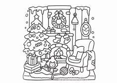 a black and white drawing of a living room filled with christmas tree, presents and toys