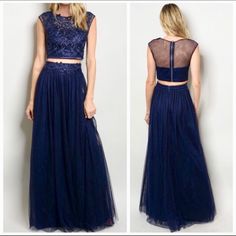 Brand New Formal Navy Two Piece Dress Navy Tulle Two-Piece Set With A Crop Top Piece And A Long Flowy Skirt With An Elastic Waist 100% Polyester Can Be Used For Prom, Winter Formal, Semi Formal, A Wedding Guest, Hoco, Or Military Ball *Colors May Vary Slightly From Screen *Not Jovani, Not Sherri Hill L’ace Royal Blue Mesh Two Piece Dress Two Peace Dress, Two Piece Formal Dress, Dress For Homecoming, Two Piece Formal Dresses, Long Flowy Skirt, Navy Blue Maxi Dress, Blue Maxi Dress, Military Ball, Winter Formal