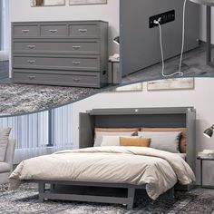 two pictures of a bedroom with gray furniture and white bedding, one has a grey headboard