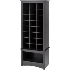 a black bookcase with many compartments and shelves on it's sides, against a white background