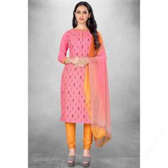 An ideal pick to garner compliments for your ravishing ethnic look is this bubble gum pink chanderi churidar suit which will keep you comfortable and easy on the eye at the next social function. This boat neck and 3/4th sleeve churidar suit is beautified with resham thread work. Paired with santoon churidar in light orange color with bubble gum pink georgette dupatta. Churidar has plain work. Dupatta decorated using resham thread work. Light Orange Color, Georgette Dupatta, Bubble Gum Pink, Ethnic Looks