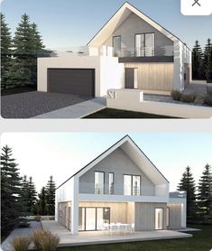 two renderings of a modern house with trees in the background