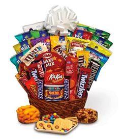 a large basket filled with snacks and candy