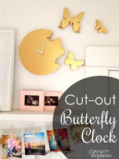 a shelf with pictures and butterflies on it, next to a clock that says cut - out butterfly clock