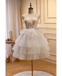 Get 10% off now! Buy beautiful ballgown tulle ivory white homecoming dress with beaded flowers at cheap price online. Free stable shipping and pro custom service since 2009. Short Princess Dress, Color Perla, Ivory Prom Dresses, Tulle Material, White Homecoming Dresses, Short Party Dress, Short Prom Dress, Short Prom, Prom Dresses Blue