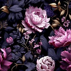 a bunch of flowers that are on a black background with purple leaves and berries in the bottom right corner