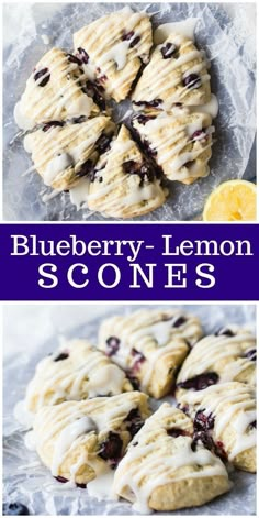 blueberry lemon scones with white icing on top and the words, blueberry lemon scones