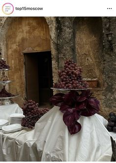 a table topped with plates and bowls filled with grapes next to a stone wall covered in vines