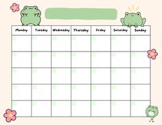 a printable calendar with two frogs sitting on top of it and the words monday, wednesday