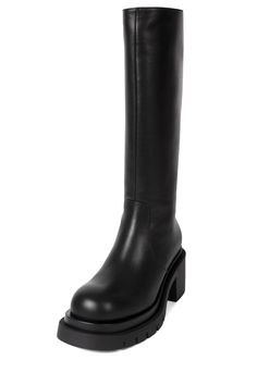 Knee-high double-stacked platform boot Fits true to size Measurements taken from a size 7 2.5'' heel, 1.5'' platform 23'' shaft, 16'' leg opening Leather Upper, Fabric/Leather Lining, Synthetic Sole Zipper closure Knee High Chelsea Boots, High Chelsea Boots, Chelsea Boots Leather, Boot Fits, No Excuses, Boots Leather, Platform Boots, Sale House, Leather Boots