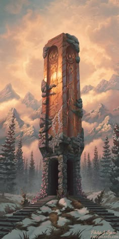 a painting of a clock tower in the middle of a snowy landscape with mountains and trees