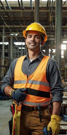 a man in an orange safety vest and hard hat is standing with his hands on his hips